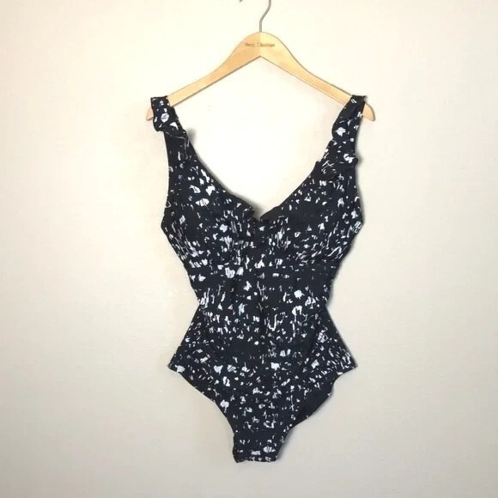 DKNY Women Large Black White Ruffle Neck One Piece‎ Swimsuit Abstract Dot New - Picture 3 of 16